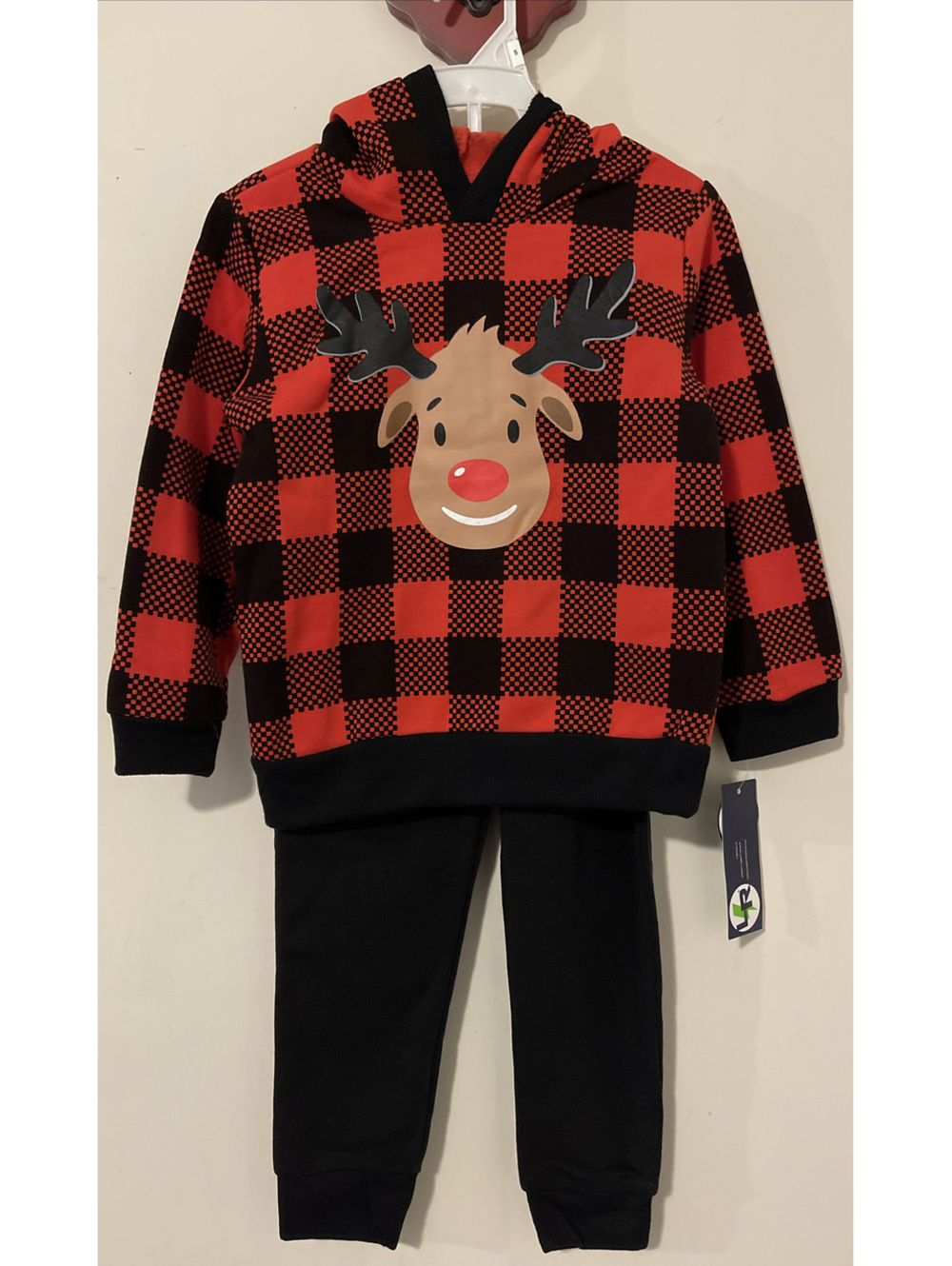 Little Rebels Boys 6 Red Plaid Reindeer Hoodie Jogger Christmas Outfit NWT A5520